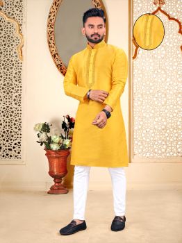 Men Yellow Silk Embroidery Work Neck Pattern kurta
