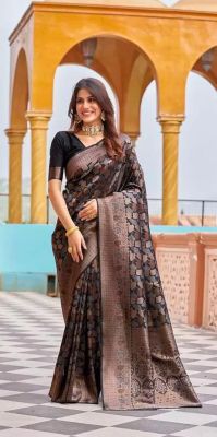 Brown Black Pure Handloom Semi Silk Saree From Banaras