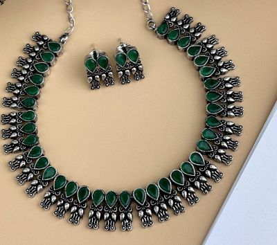 Silver Pure Oxidised Necklace With Green Stone Jewellery