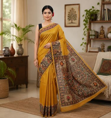 Dark Yellow Elegant Women Madhubani Handcrafted Handloom Pure Tassar Silk Saree