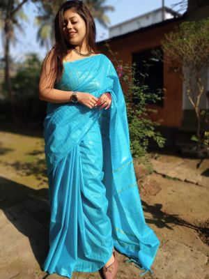 Bluish Tussar Silk Pure Handloom Saree From Bengal