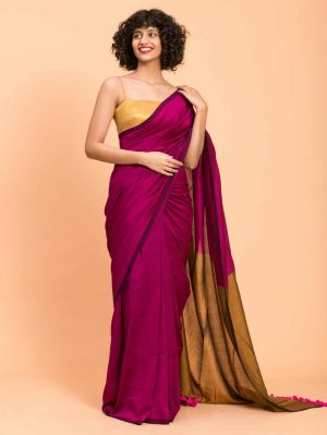 Wine Berry Pure Handloom Cotton Saree From Bengal