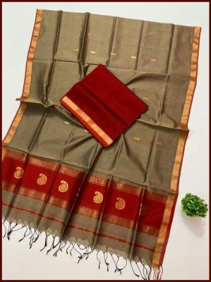 Gray Pure Handloom Meheshwari Silk Saree From Bengal