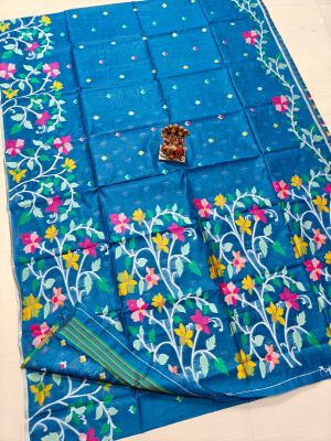 Sky Blue Pure Handloom Muslin Silk Saree From Bengal