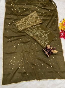 Mehandi Green Butta Sequence Embroidery Work Soft Net Saree