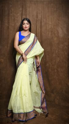 Light Yellow Pure Handloom Cotton Saree From Bengal
