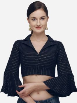 Navy Blue Cotton Work Shirt Collar Party Wear Blouse