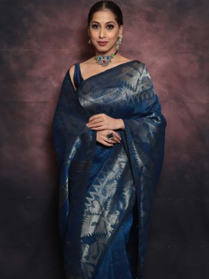Teal Pure Handloom Linen By Linen Saree From Bengal