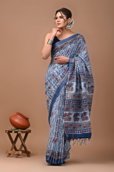 Light Blue Pure Handloom Linen Cotton Saree From Bihar
