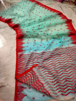 Sky Blue Pure Handloom Resham Cotton Saree From Bengal