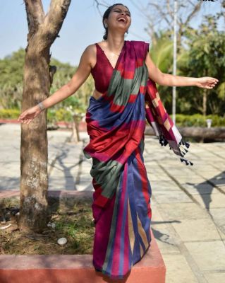 Multi Colour Pure Handloom Cotton Saree From Bengal