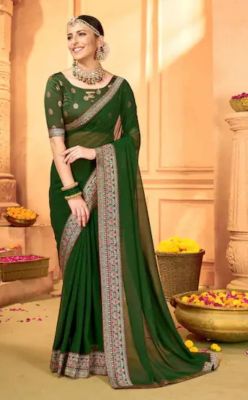 Dark Green Pure Handloom Georgette Saree From Banaras