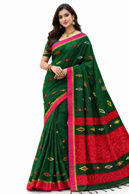 Green Red Pure Handloom Silk Cotton Saree From Bengal