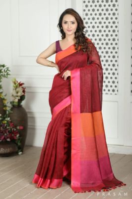 Maroon Linen By Linen Saree From Bhagalpur
