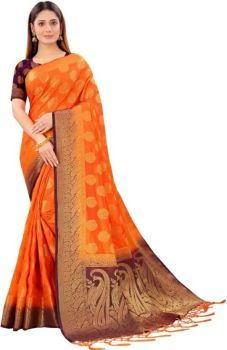 Orange Brown Pure Handloom Silk Cotton Saree From Banaras