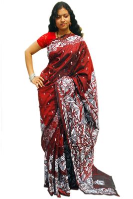 Brick Red Pure Handloom Kantha Stitch Saree From Bengal