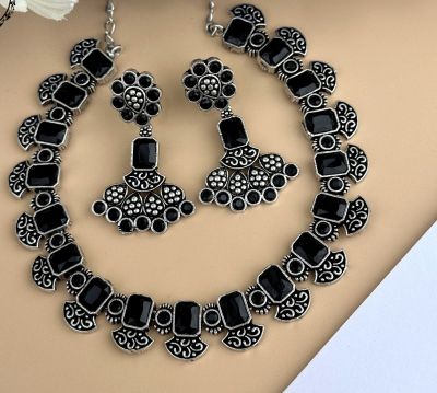 Silver Pure Oxidised Necklace With Black Stone Jewellery