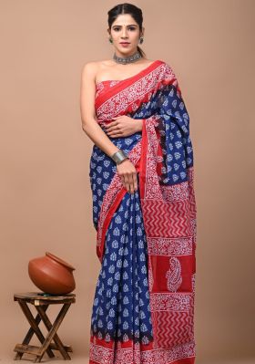 Navy Blue Pure Handloom Mulmul Saree From Bengal