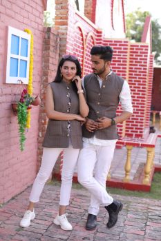 Dark Grey Pure Hand Block Printed Cotton Jacket Couple Set