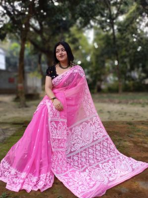 Pink Dhakai Jamdani Pure Handloom Cotton Saree From Bengal