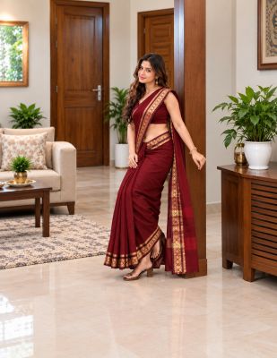 Bright Maroon Pure Handloom Mulmul Cotton Saree From Bengal