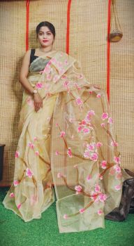 Cream Hand Printed Pure Handloom Organza Saree
