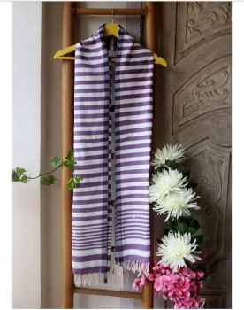Purple White Pure Handloom Line Cotton Stole From Assam