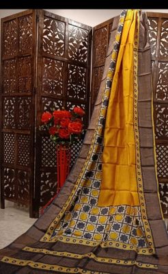 Gold Pure Handloom Kantha Silk Saree From Bengal