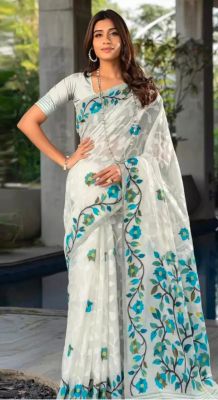 White Pure Handloom Cotton Jamdani Saree From Banaras