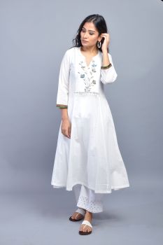 White Anarkali Kurta with Hand-Painted Yoke