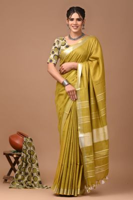 Olive Green Pure Handloom Linen By Linen Saree From Bengal