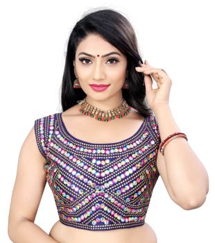 Navy Blue Full Embroidery Mirror Work Work Blouse