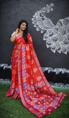 Red Pure Handloom Tussar Silk Saree From Bengal