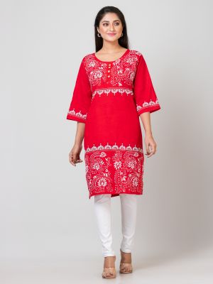 Red Pure Handloom Kantha Stitch Kurti From Bengal