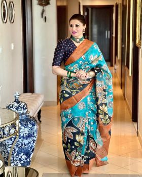 Light Blue Black Flower Design Digital Print Cotton Saree