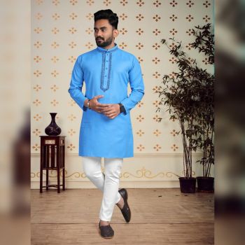 Men Light Blue Cotton Festival Special Kurta