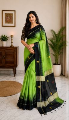 Lime Green Pure Handloom Ikkat Silk Cotton Saree From Bengal