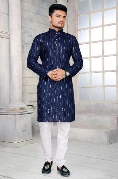 Men Blue Cotton Kurta Mirror Work Original kurta