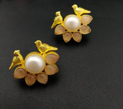 Pearl Stone Bird Studs Gold Toned
