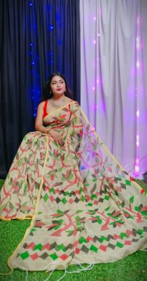 Tan Brown Pure Handloom Dhakai Jamdani Saree From Bengal