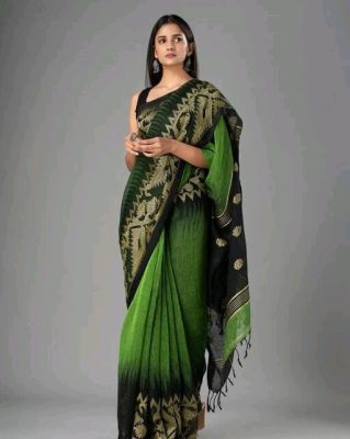 Green Pure Handloom Linen By Linen Saree From Bengal