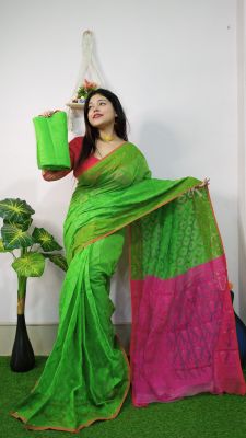 Green Pure Handloom Cotton Saree From Bengal
