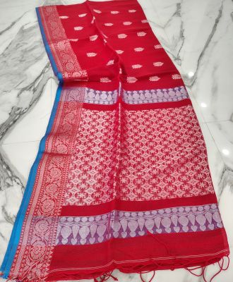 Red Pure Handloom Linen By Linen Saree From Bengal