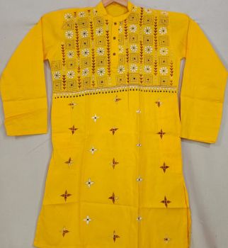 Yellow Pure Handloom Kantha Stitch Punjabi Kurta From Bengal