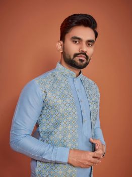 Men Grey Blue Bangalore Silk with attached Jequard Koti Kurta