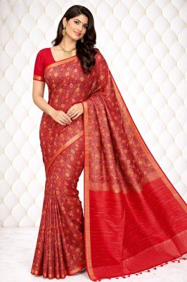 Red Pure Handloom Beautiful Katan Silk Ajrakh Print Saree From Bhagalpur