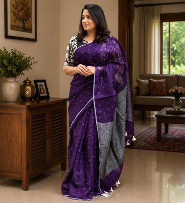 Violet Pure Handloom Linen By Linen Saree From Bengal