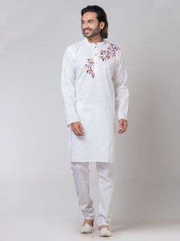 White Pure Handloom Katha Stitch Kurta From Bengal