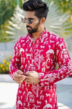 Men pink forest Heavy Lucknowi Design kurta