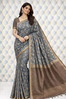 Gray Pure Handloom Beautiful Katan Silk Ajrakh Print Saree From Bhagalpur